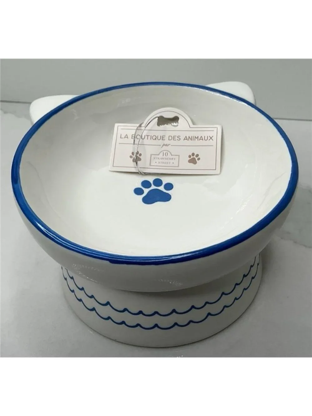 10 Strawberry Street Ears Up Elevated Cat Bowl, White Blue, 7-oz New